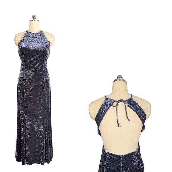 Vintage Dave Johnny Prom Dress Maxi Gown 90S Y2K Goth Crushed Velvet Blue M - Picture 2 of 12